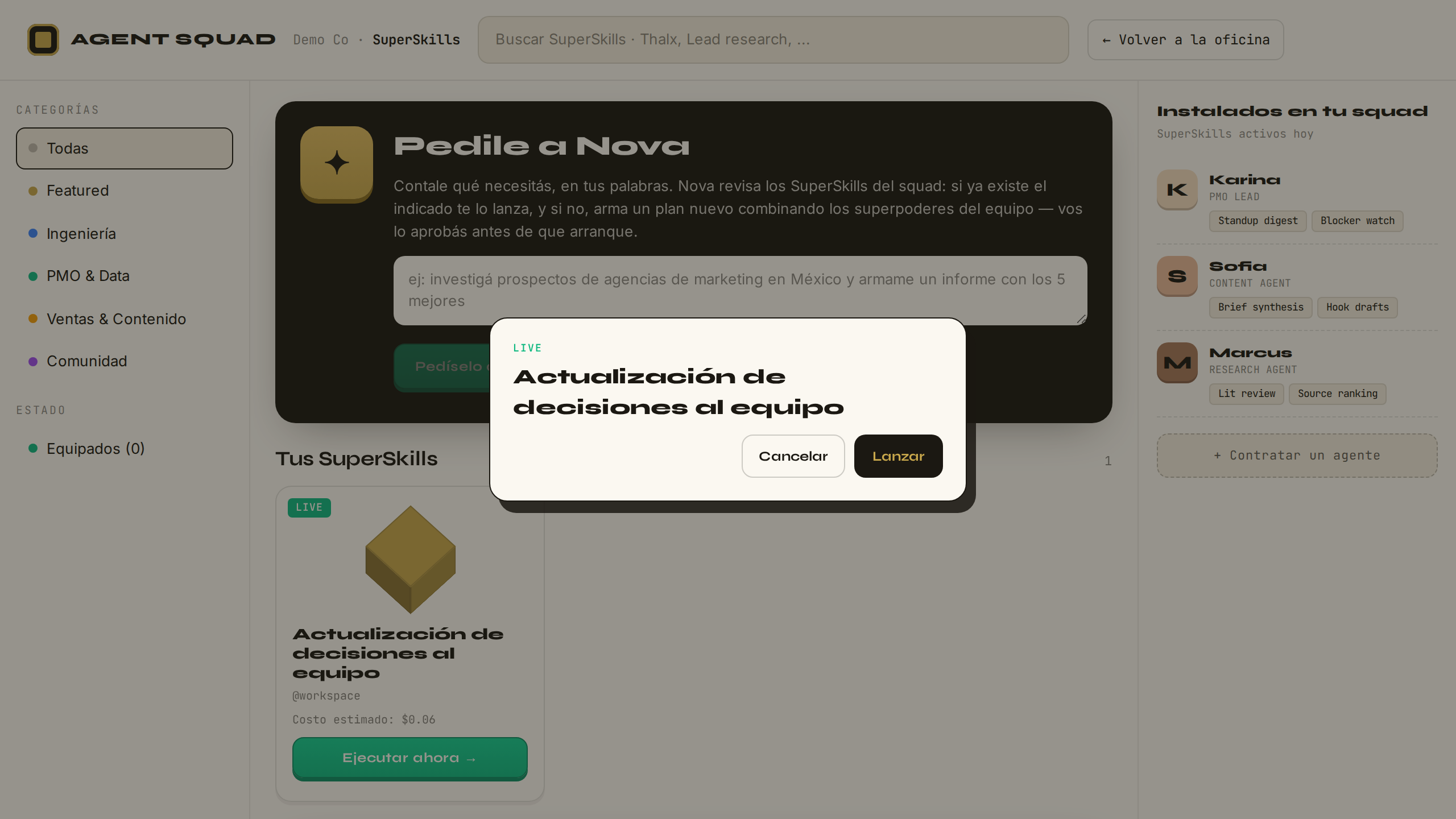 Modal de lanzamiento del SuperSkill con datos pre-llenados